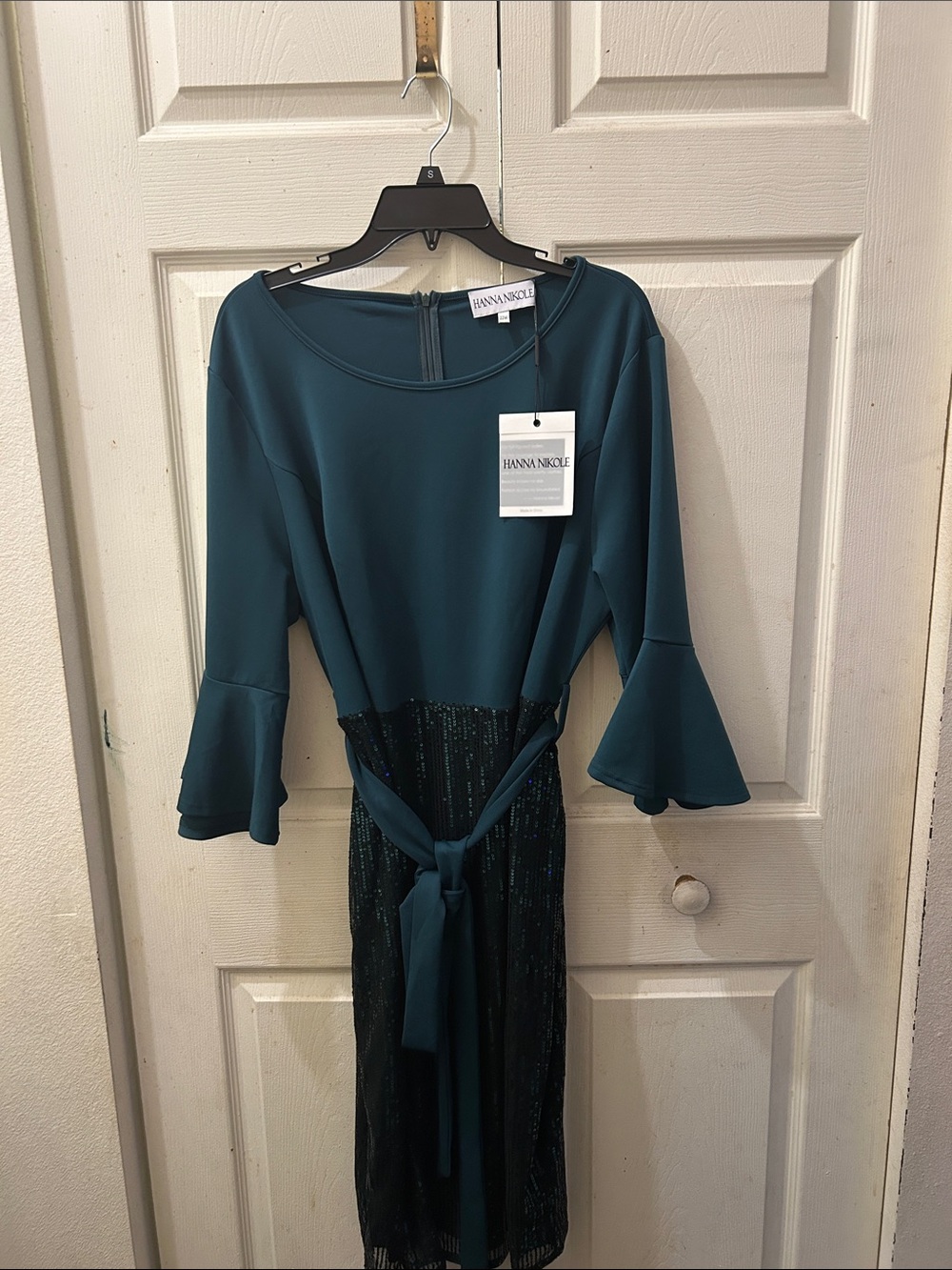 Hannah Nicole Teal Midi Dress with Bell Sleeves and Sequined Skirt